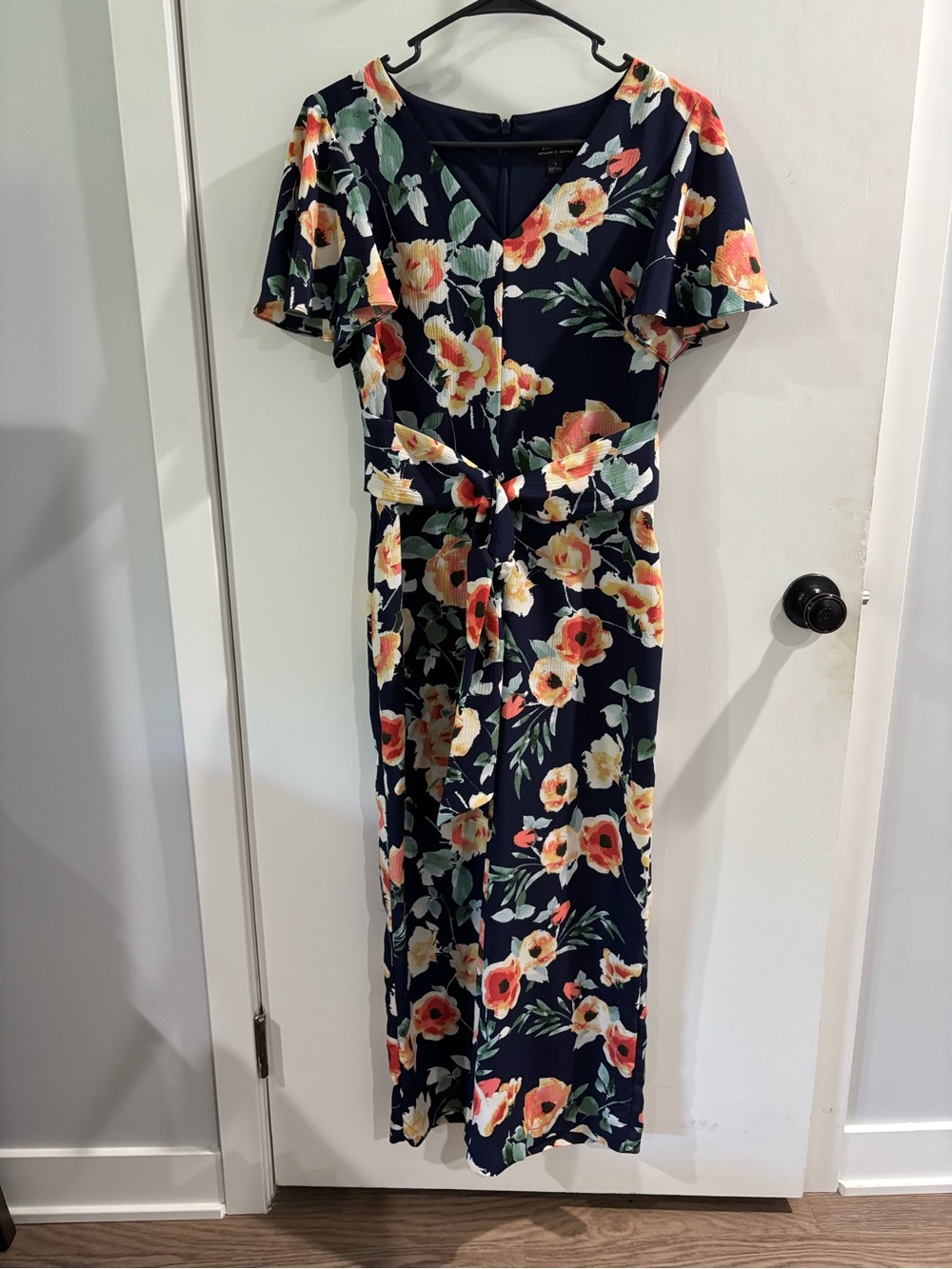Tahari Navy Floral Tie-Front Midi Dress